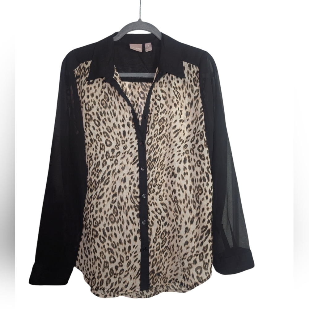 Chico's Black and Tan Long Sleeve Notched Collar Blouse